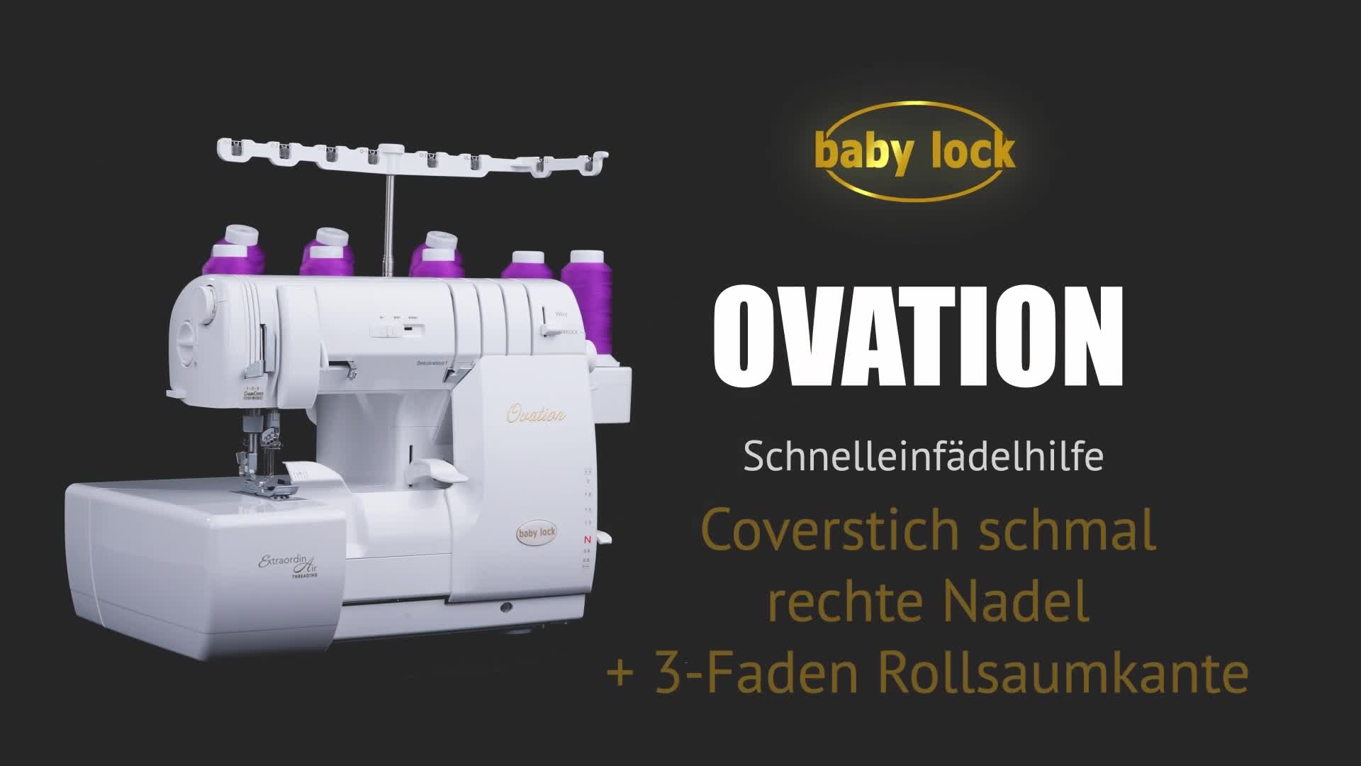 Ovation: Coverstich schmal rechte Nadel + 3-Faden-Rollsaumkante einfädeln